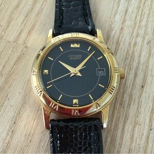 Citizen Quartz ladies gold tone black leather dress watch NEW BATTERY